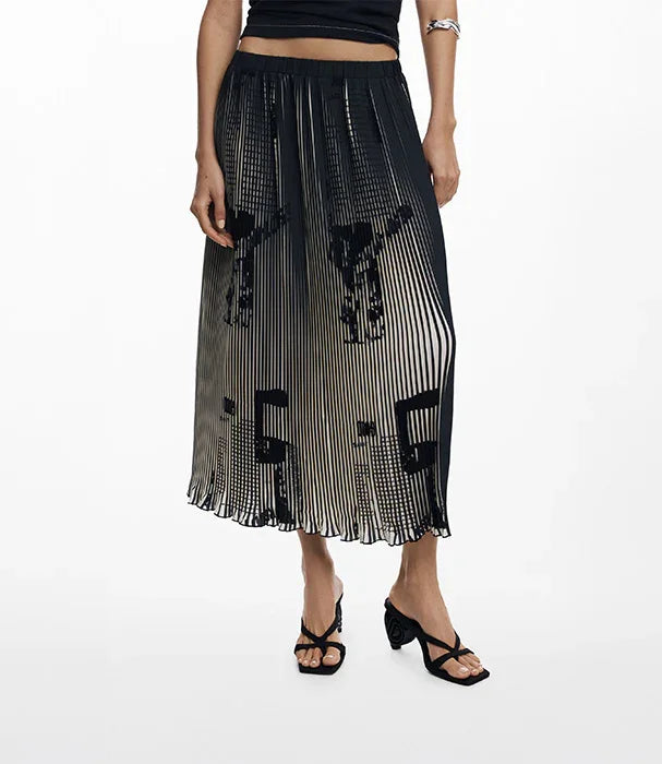 חצאית פלאיסה שחורה לבנה עם הדפס גאומטרי לאישה, מבית CHOZEN, אופנה יוקרתית קבוצת אלפא