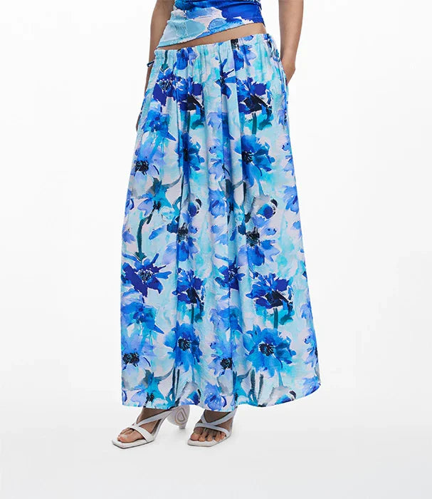 חצאית מקסי פרחונית בכחול ולבן לאישה, אופנה קיץ CHOZEN