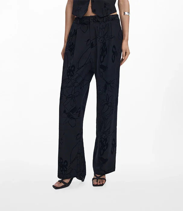 מכנסיים שחורים ארוכים עם הדפס פרחוני לנשים, אופנה יוקרתית CHOZEN