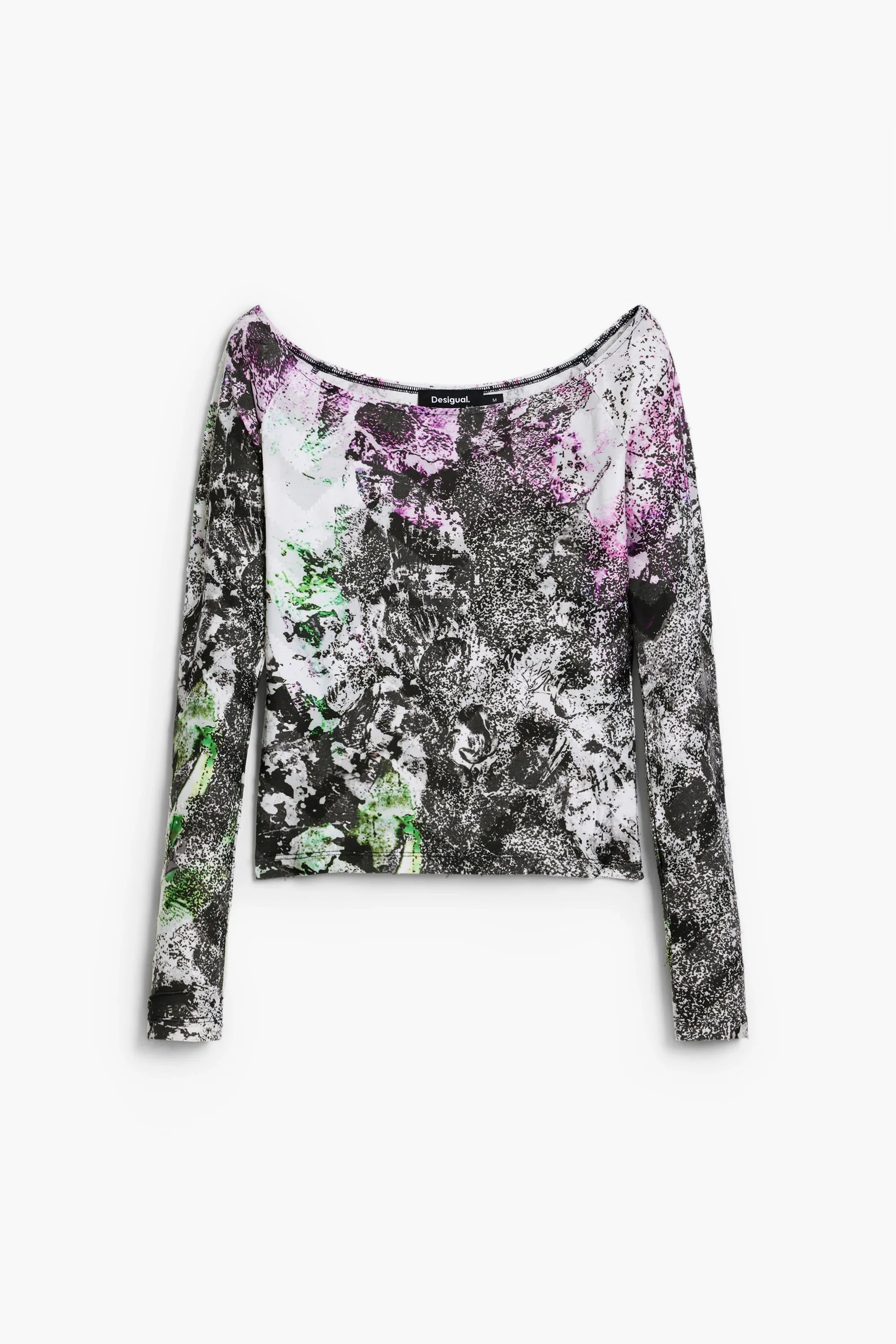 חולצת נשים ארוכה קלאסית Desigual בהדפס מופשט שחור ירוק וסגול, אופנה יוקרתית ב-CHOZEN