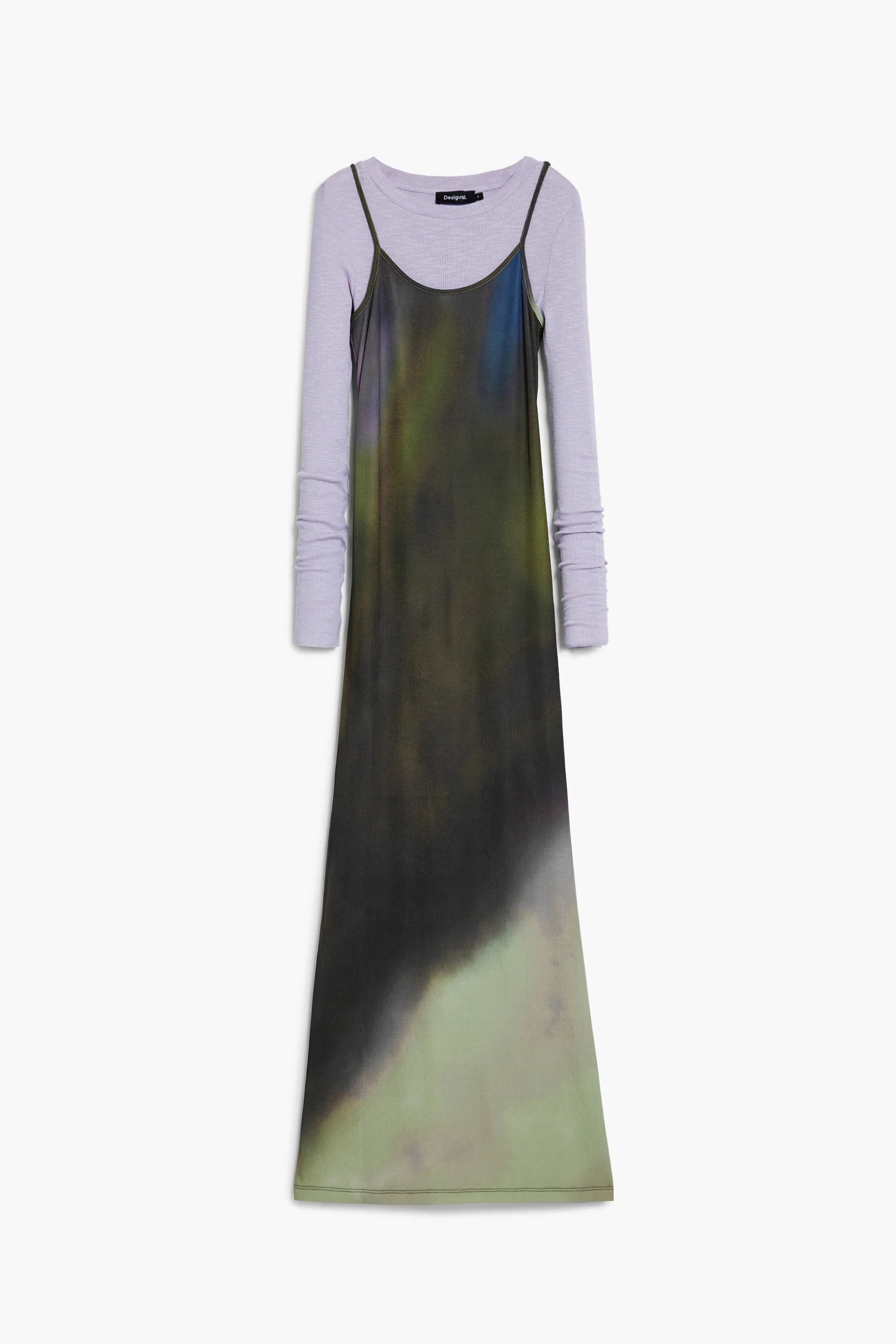 שמלת מקסי שכבות עם שרוולים ארוכים וספגטי, בגווני לילך ושחור, מבית CHOZEN