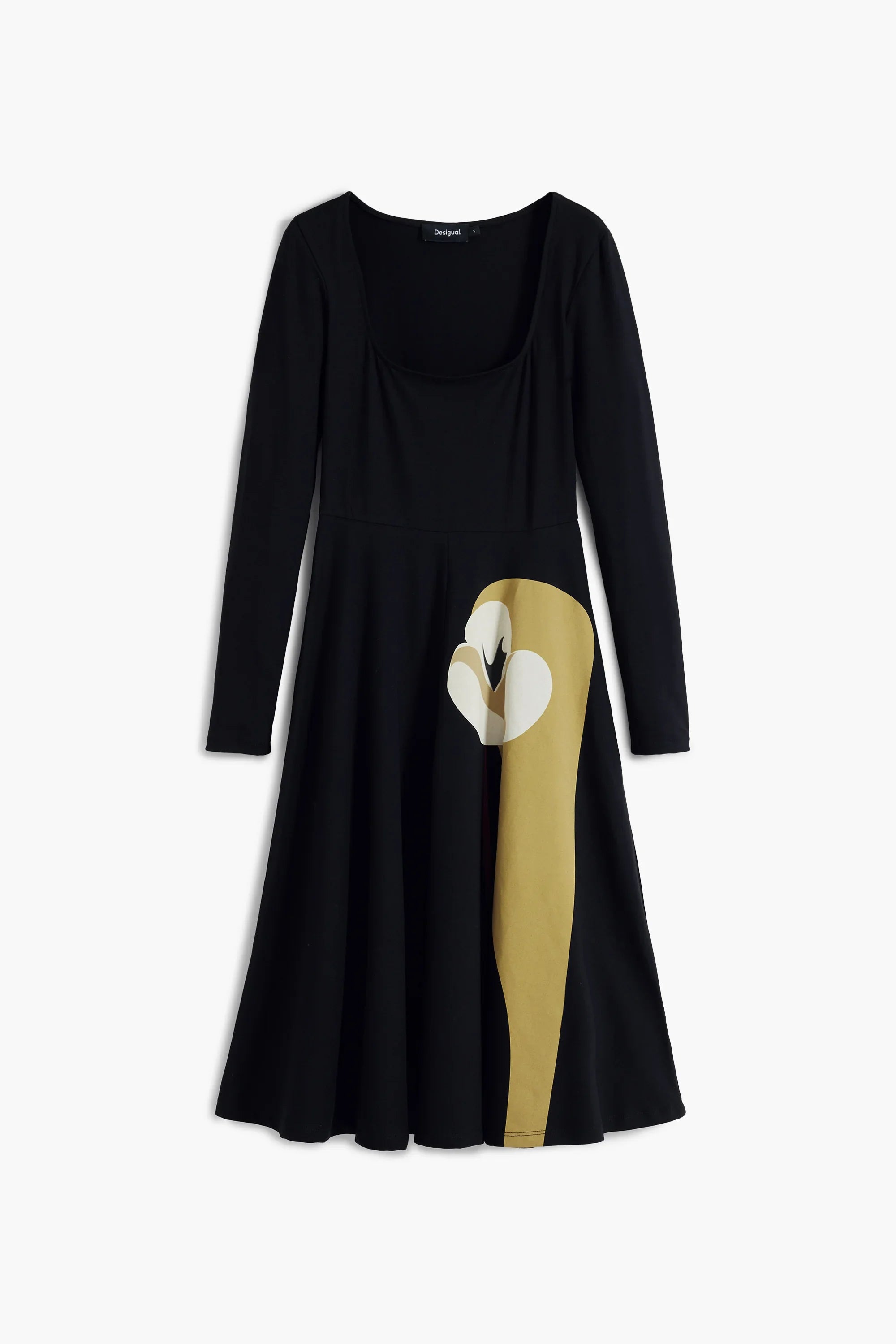 שמלת נשים שחורה עם שרוולים ארוכים ודוגמת ינשוף בצהוב מבית CHOZEN