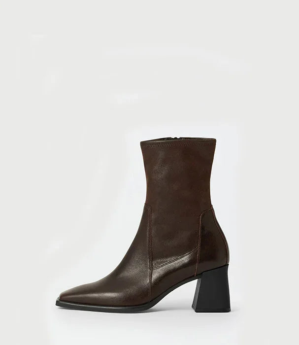 מגף עור חום לנשים עם עקב מרובע, עיצוב אלגנטי, קולקציית מותגים ב-CHOZEN