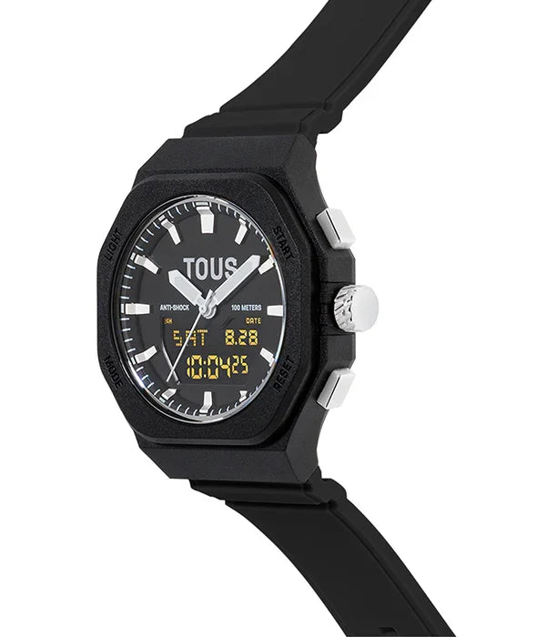 שעון יד שחור TOUS אנלוגי-דיגיטלי, עמיד במים, חלק מקולקציית מותגים CHOZEN