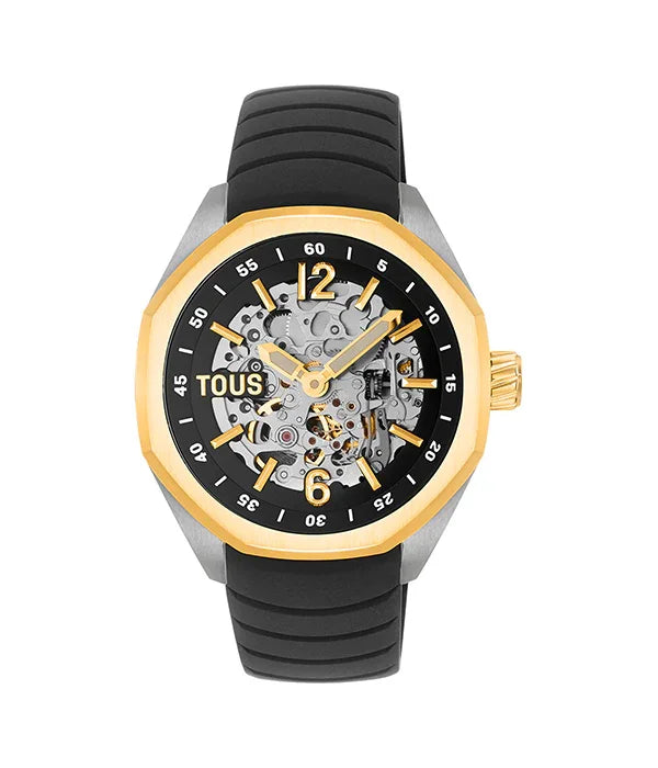 שעון יד TOUS יוקרתי עם מסגרת זהובה ורצועה שחורה, עיצוב skeleton, מותג מבית קבוצת אלפא