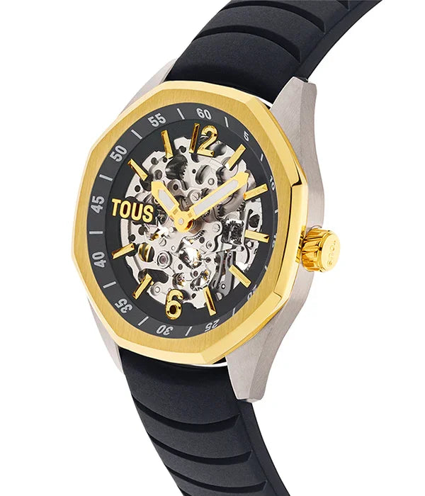שעון יד יוקרתי TOUS לגבר עם רצועה שחורה, מסגרת זהב ועיצוב מכני חשוף, CHOZEN מותגים מובילים