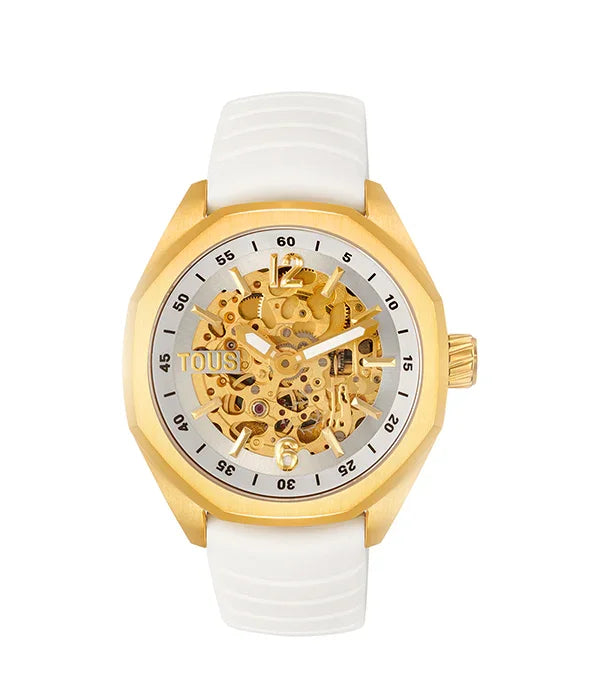 שעון יוקרה TOUS עם רצועה לבנה ועיצוב שלד זהב, מבית היבואן הרשמי קבוצת אלפא