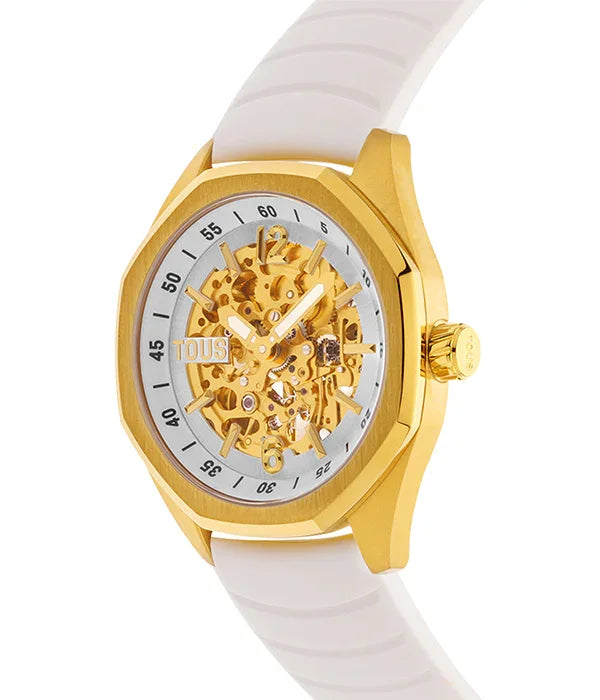 שעון יד יוקרתי זהב עם רצועת סיליקון לבנה, דגם TOUS, מהמבחר של CHOZEN