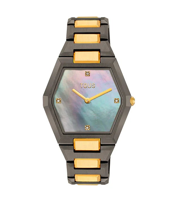 שעון יד TOUS עם רצועה מתכת שחורה וזהב, לוח משושה פנינה יוקרתית, מוצר פרימיום מבית CHOZEN
