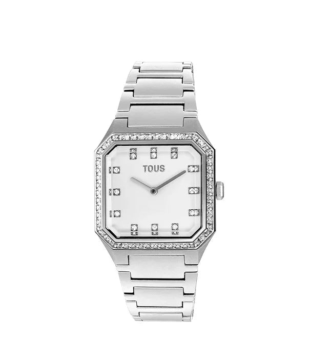 שעון יד כסף יוקרתי לנשים TOUS בעיצוב מודרני, זכוכית מרובעת ושיבוץ אבני חן