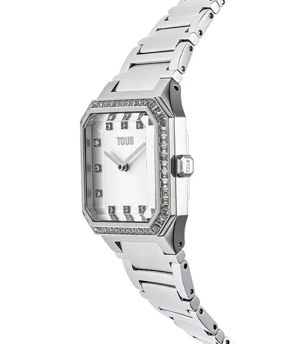 שעון יוקרה כסף לאישה TOUS עם רצועת מתכת ועיצוב משובץ קריסטלים, ייבוא קבוצת אלפא