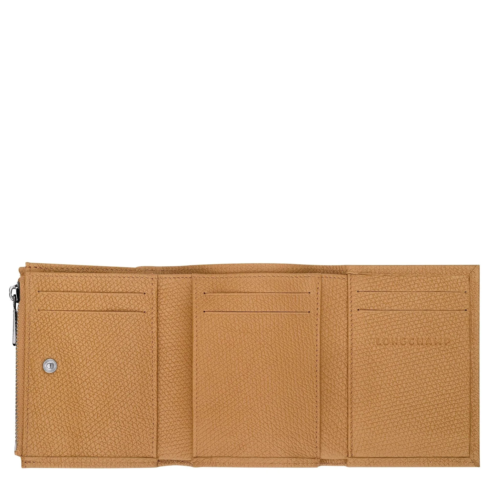 ארנק עור חום משולש של LONGCHAMP מבית קבוצת אלפא באתר CHOZEN, דגם פתוח עם תאים לכרטיסים