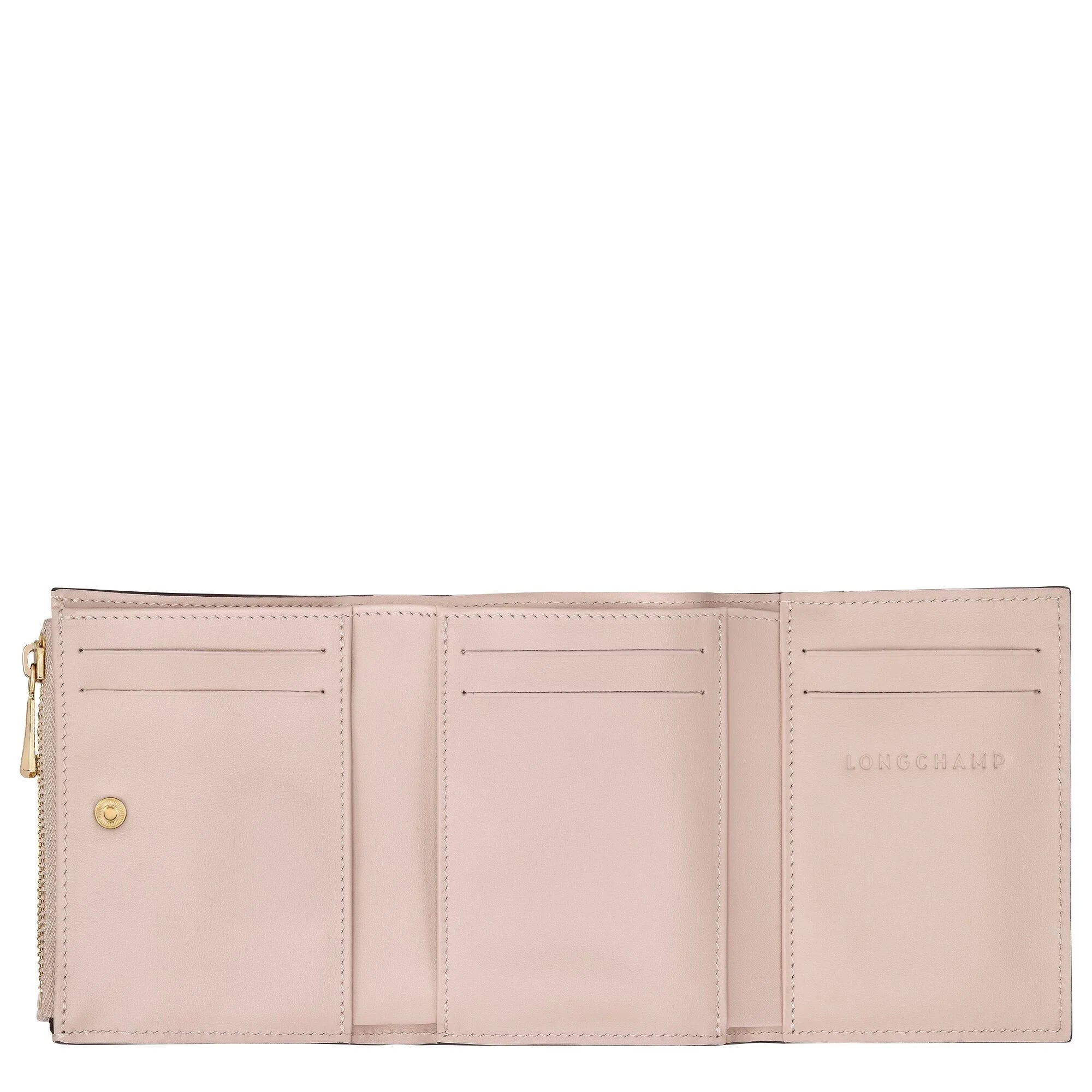 ארנק עור ורוד מבית LONGCHAMP עם תאים לכרטיסים, מוצג פתוח, בחנות CHOZEN מותגים מובילים