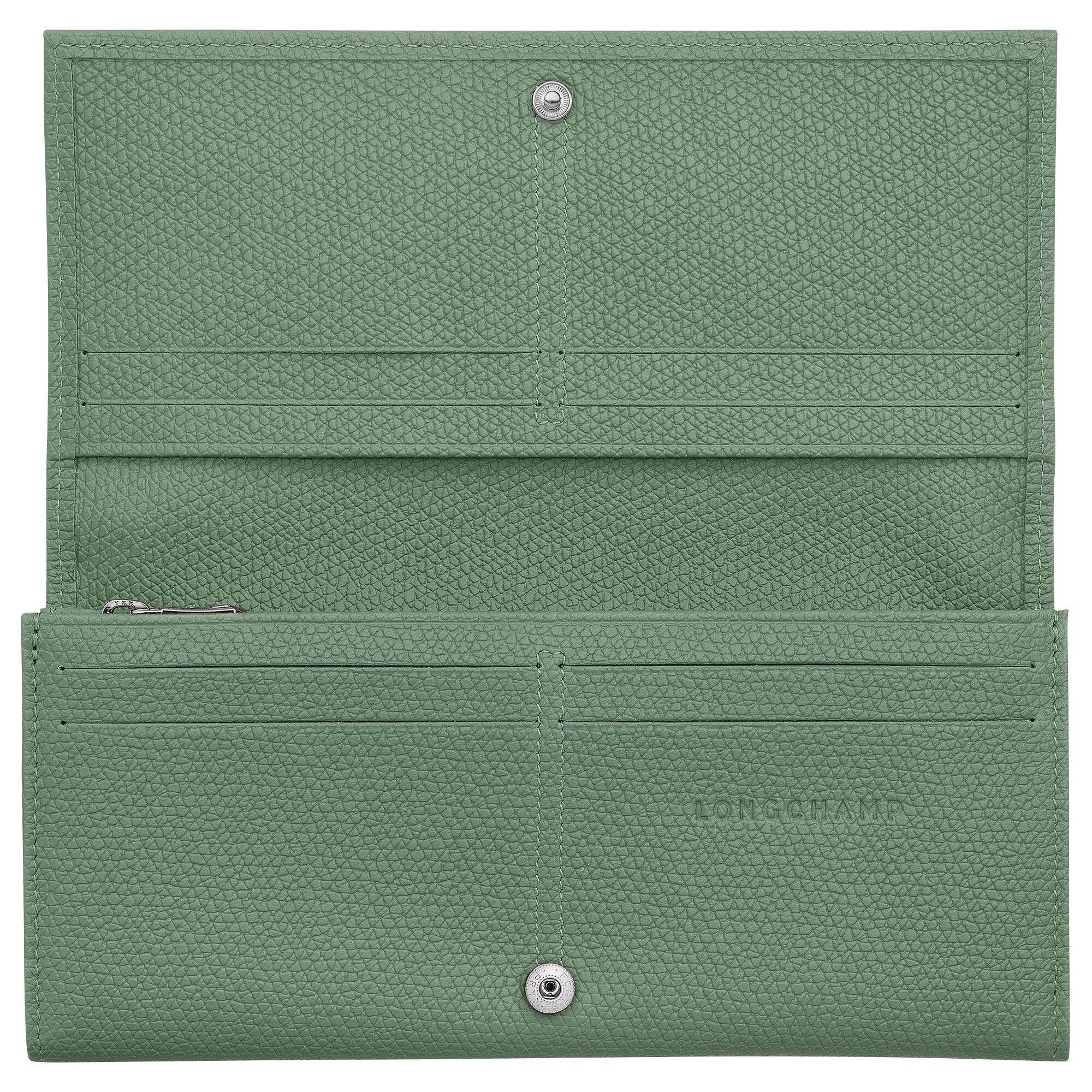 ארנק עור ירוק LONGCHAMP פתוח, תאי כרטיסים ורוכסן, מותג יוקרה CHOZEN