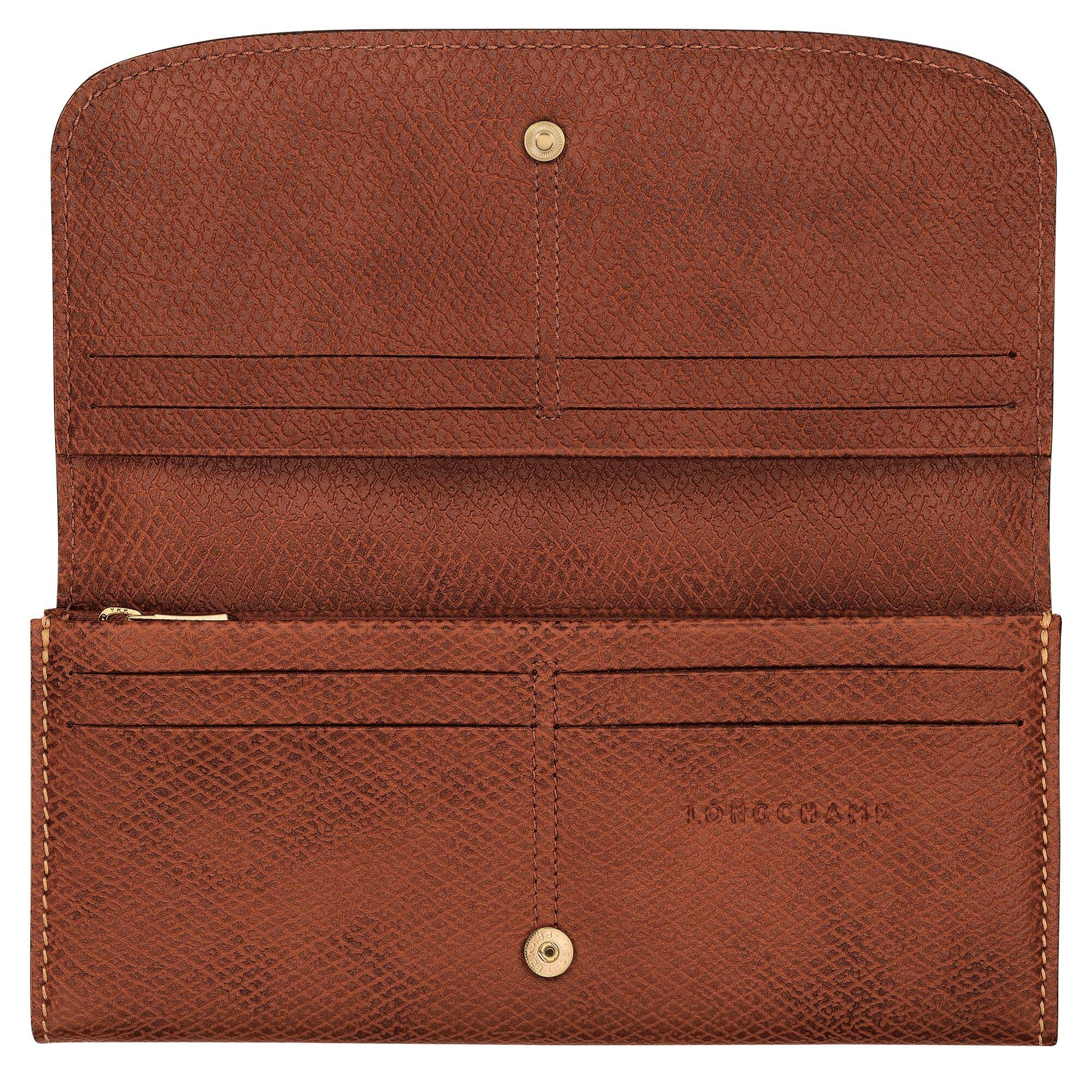 ארנק עור חום פתוח עם תא רוכסן וכיסים ממותג LONGCHAMP, עיצוב יוקרתי ב-CHOZEN