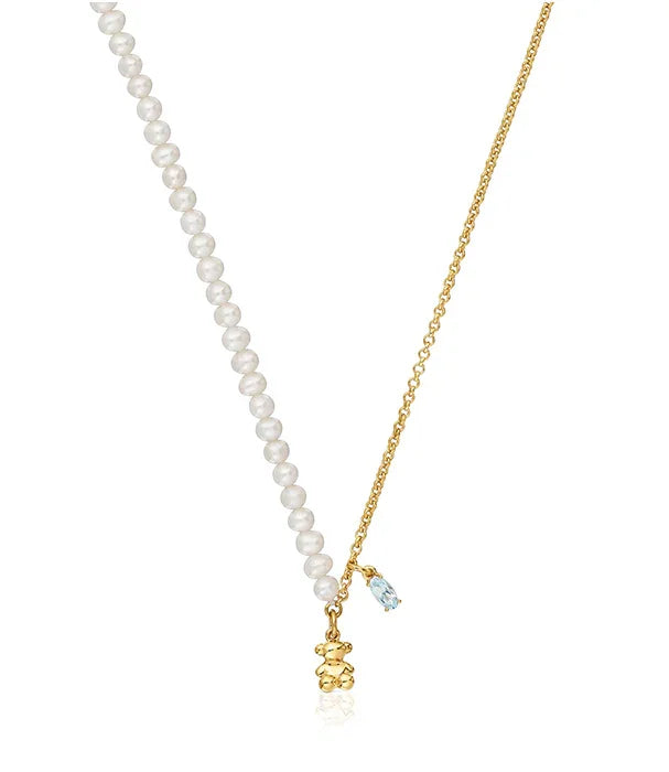 שרשרת יוקרתית CHOZEN עם חרוזי פנינה, שרשרת זהב ותליון דובי זהב ואבן תכלת