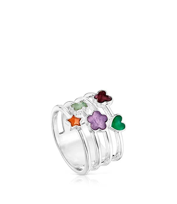 טבעת כסף מעוצבת עם אבני חן צבעוניות בצורות לב, כוכב ופרח, מותג CHOZEN