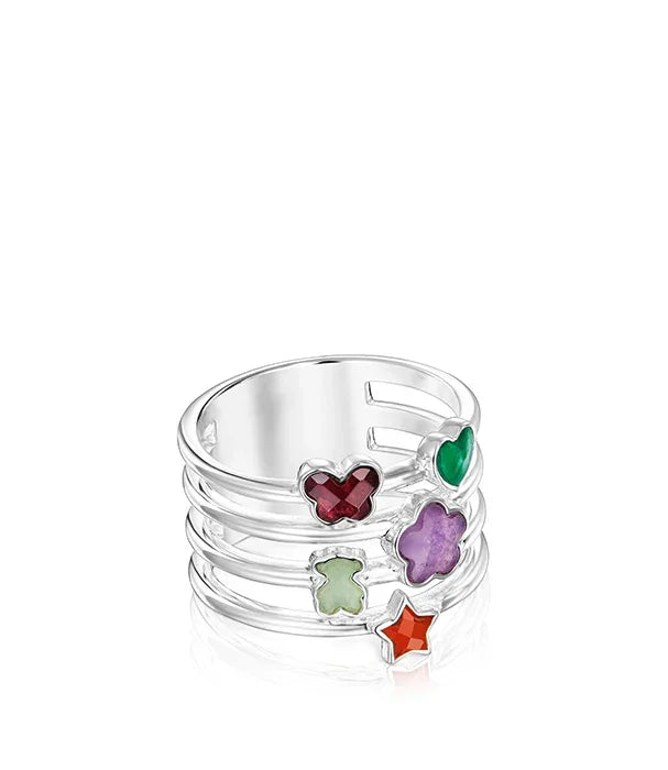 טבעת כסף מעוצבת עם אבני חן צבעוניות בצורות לב, פרח, כוכב באתר CHOZEN