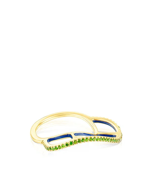 טבעת זהב עם שיבוץ אבנים ירוקות ועיצוב מודרני מבית CHOZEN