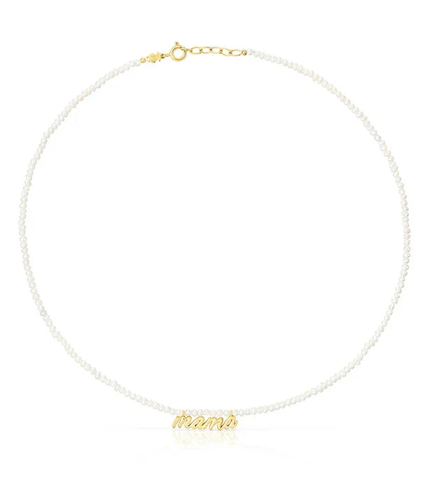 שרשרת חרוזים לבנים עם תליון זהב כיתוב 'mama', תכשיטים יוקרתיים CHOZEN