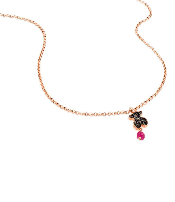 שרשרת זהב עדינה עם תליון דובון משובץ באבנים שחורות ותליון ורוד, CHOZEN תכשיטים יוקרתיים