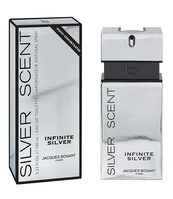 בושם SILVER SCENT INFINITE SILVER מבית JACQUES BOGART, בקבוק כסף ואריזה תואמת, מותגים מובילים CHOZEN
