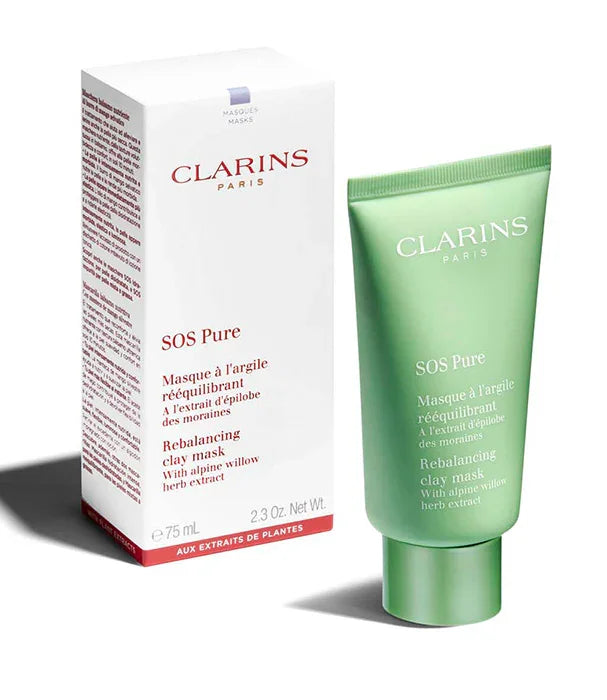 מסכת חימר SOS Pure של קלרינס לצד קופסה, מוצר טיפוח פנים CHOZEN