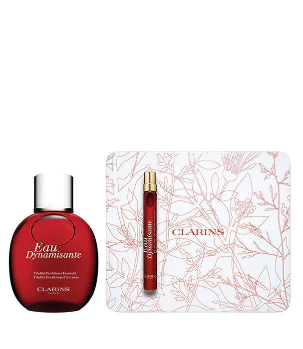 סט מתנה קלרינס Eau Dynamisante עם בקבוק בושם, ספריי וקופסה מהודרת, מוצג על רקע לבן
