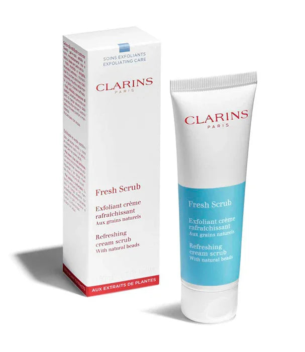 סקרב קרם רענן לפנים של Clarins, אריזה וצינור מוצר, מתאים ל-CHOZEN, מותגים מובילים