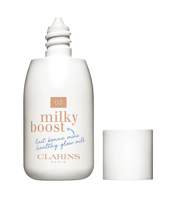 בקבוק קלרינס milky boost פתוח, מוצר טיפוח יופי מהמובילים ב-CHOZEN