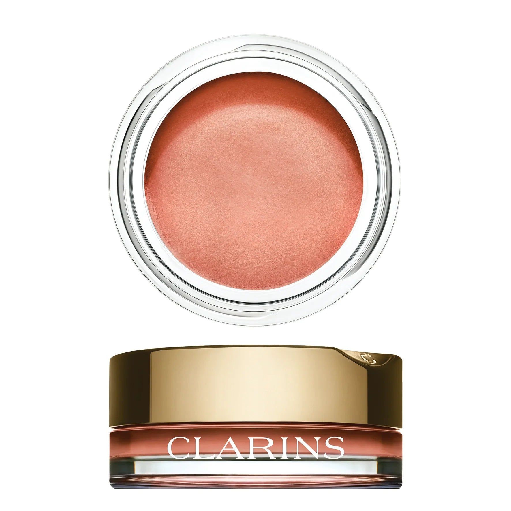 סומק קרם קלרינס בצבע אפרסק, אריזת זכוכית עם כיסוי זהב, מותג יופי ב-CHOZEN