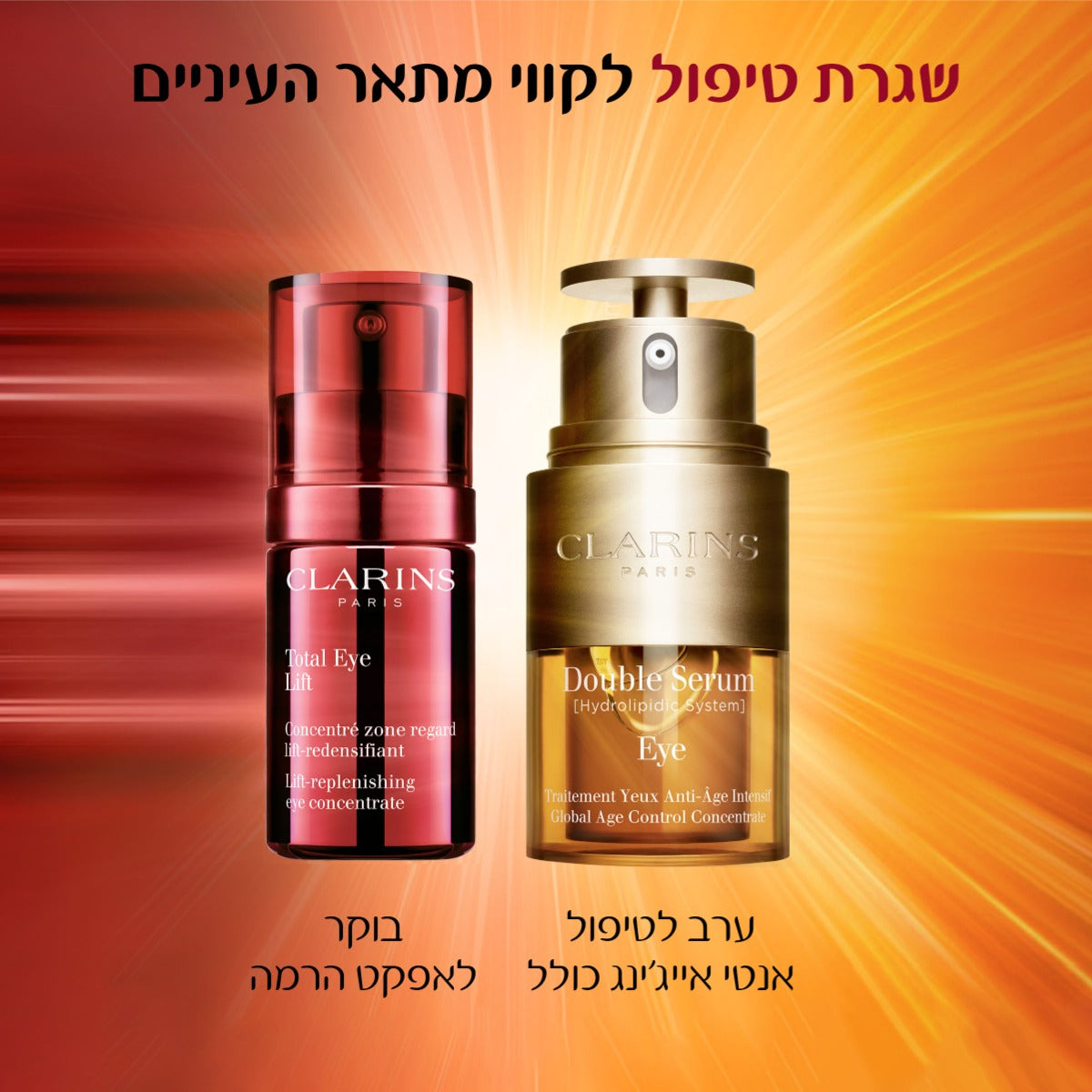 שני מוצרי קלארינס לעיניים, סרום ועין ליפט, על רקע כתום עם טקסט לטיפול בקמטים