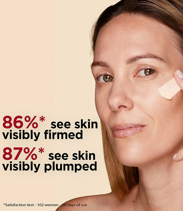 אישה מורחת קרם טיפוח על העור, טקסט עם נתוני שיפור מראה העור, קוסמטיקה CHOZEN