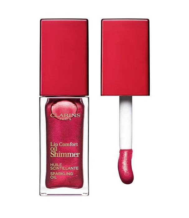 שמן שפתיים מבריק של Clarins בגוון ורוד מבריק עם מכסה אדום, מוצר יופי CHOZEN