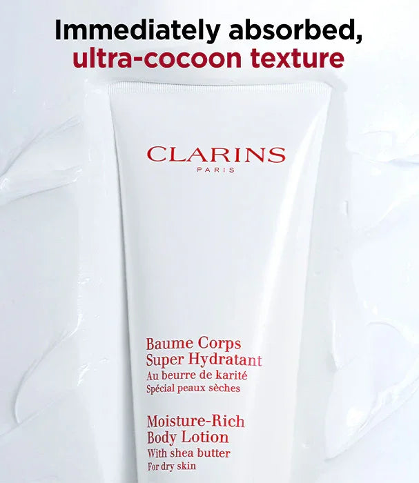 קרם גוף קלרינס Moisture-Rich Body Lotion מוצג על רקע לבן, מבית CHOZEN, מתאים לעור יבש