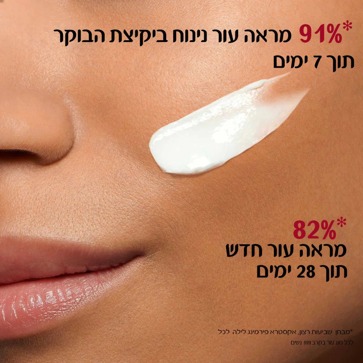 קלוז אפ על פנים צעירות עם קרם לחות, קוסמטיקה טיפוח עור CHOZEN, טקסט נתוני מחקר בעברית