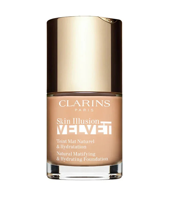 מייקאפ קלרינס Skin Illusion Velvet בבקבוק עם מכסה זהב, איפור יוקרתי באתר CHOZEN