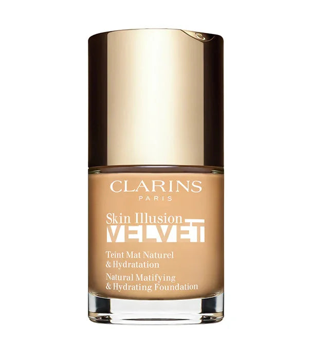 מייקאפ קלארינס Skin Illusion Velvet בבקבוק זכוכית עם מכסה זהב, איפור יוקרתי CHOZEN