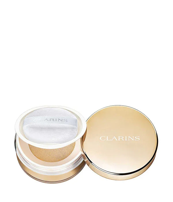 פודרה קלרינס יוקרתית עם מכסה זהב על רקע לבן, מוצר טיפוח מהמותגים המובילים ב-CHOZEN