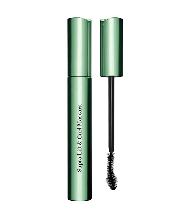 מסקרה ירוקה Supra Lift & Curl מבית מותג יופי, המוצגת פתוחה עם מברשת.