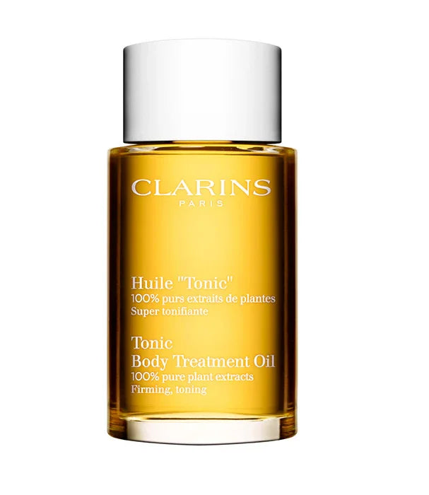 שמן גוף טיפולי קלרינס טוניק, שמן טיפוח עם תמציות צמחים, מוצג בבקבוק על רקע לבן