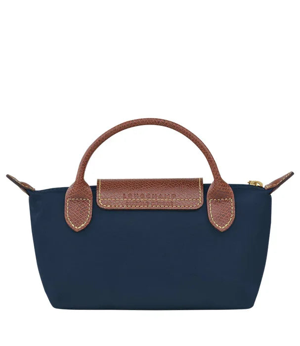 תיק קוסמטיקה קטן לגברת, כחול עם ידיות עור חום, מוצר יוקרה באתר CHOZEN