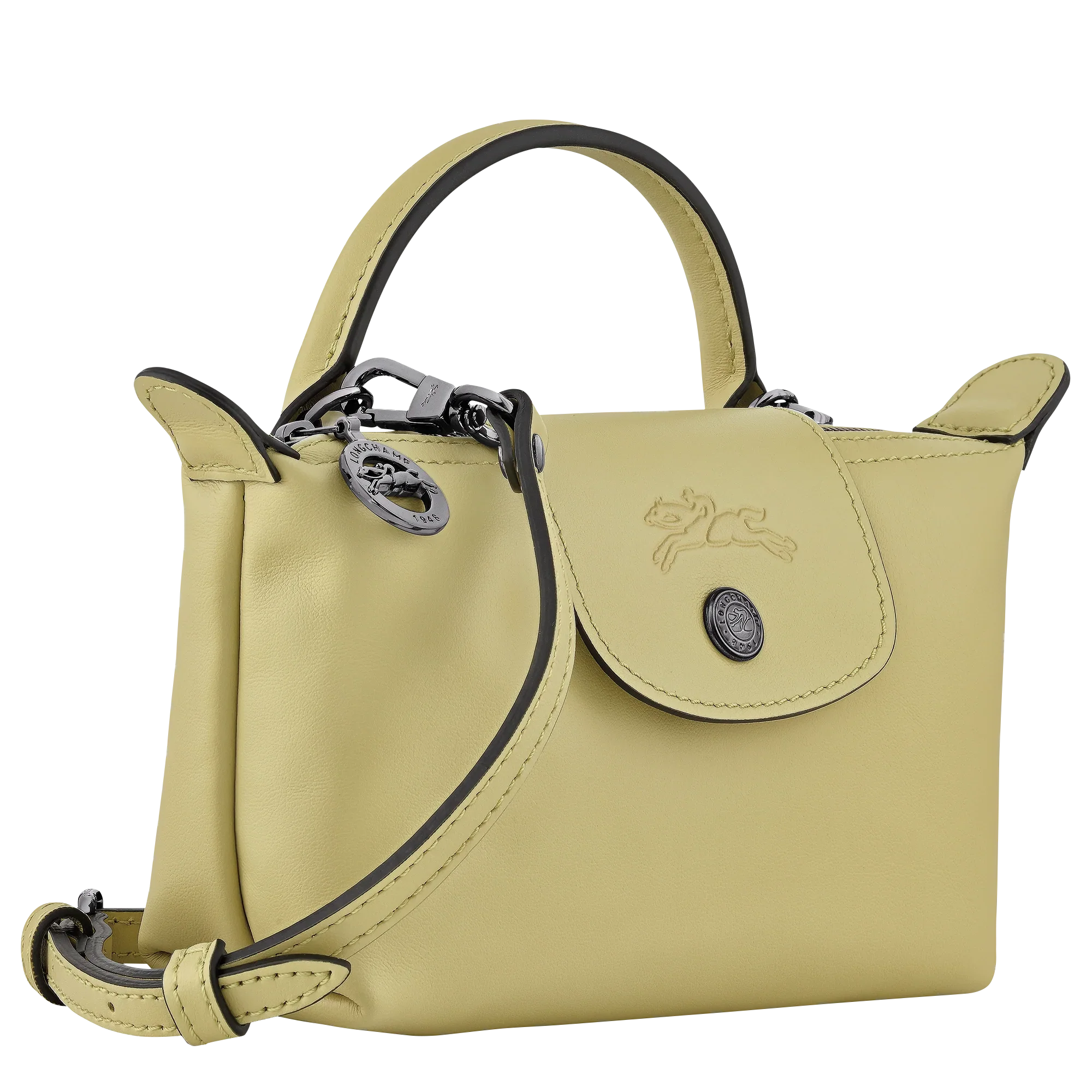 תיק יד מעור בצבע צהוב בהיר עם לוגו מוטבע, עיצוב יוקרתי של מותג מוביל מבית CHOZEN