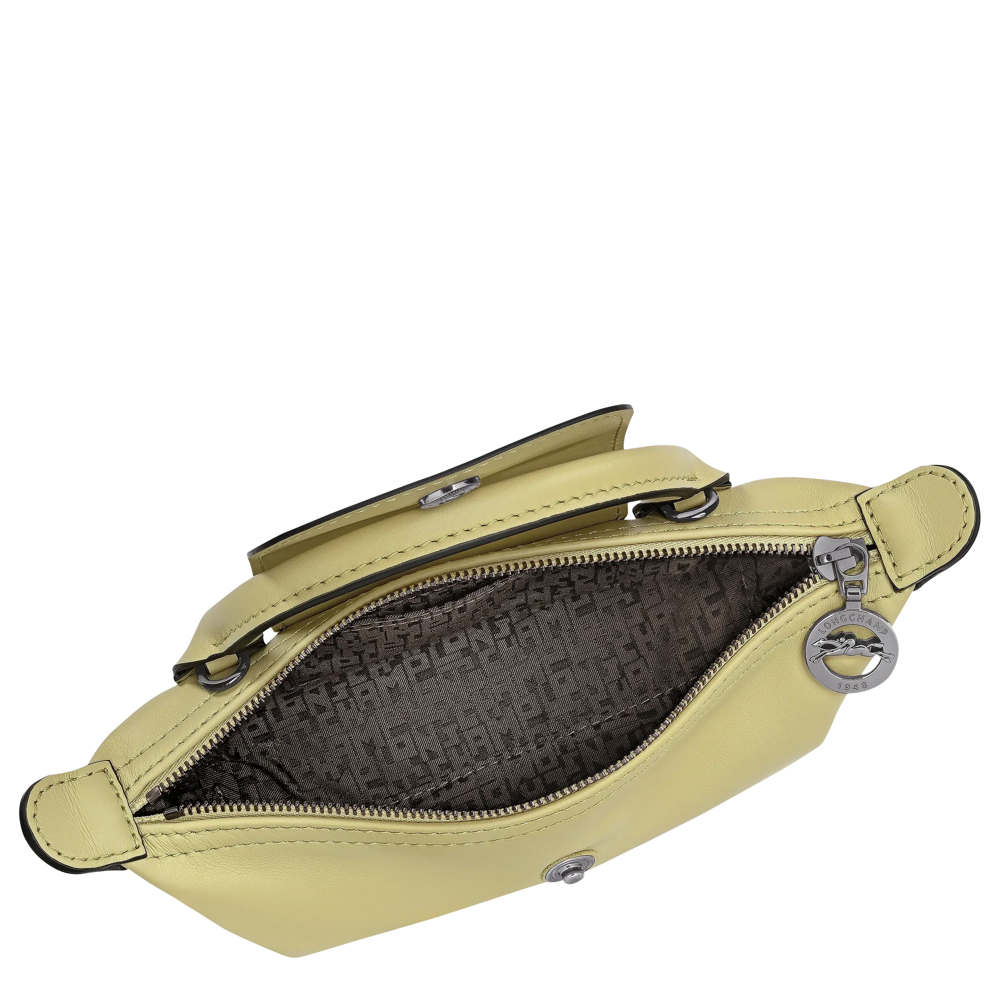 תיק עור אופנתי מבית המותג CHOZEN בצבע צהוב, מבט על הפנים המרופד בלוגו דקורטיבי