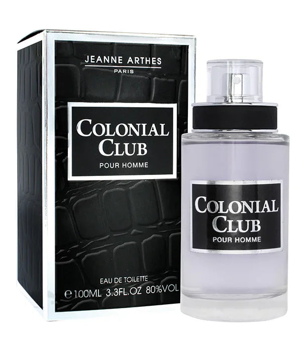 בושם ג'אן ארתס קולוניאל קלאב לגבר, 100 מ"ל, מוצג עם הקופסה בעיצוב שחור יוקרתי