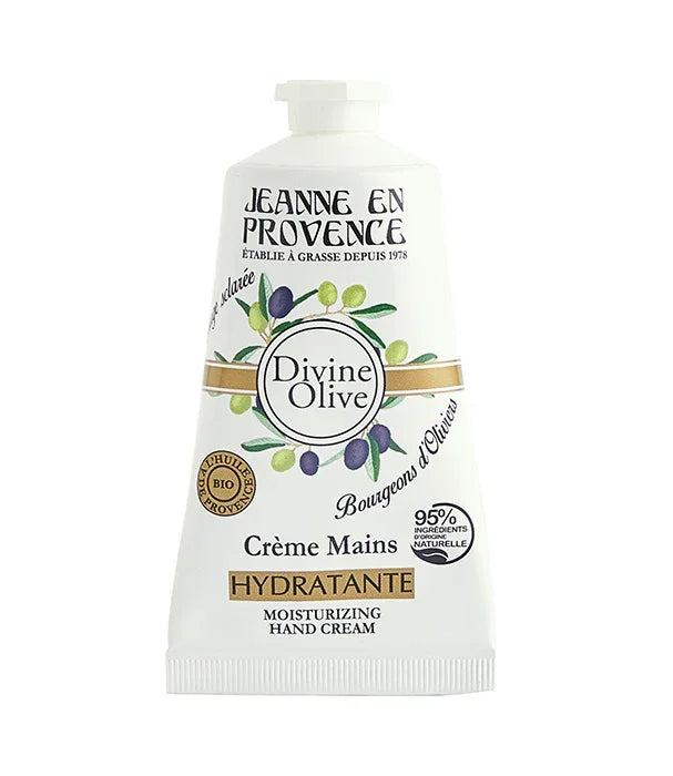 קרם ידיים Jeanne en Provence Divine Olive, לחות, עם מרכיבים טבעיים, מוצג על רקע לבן