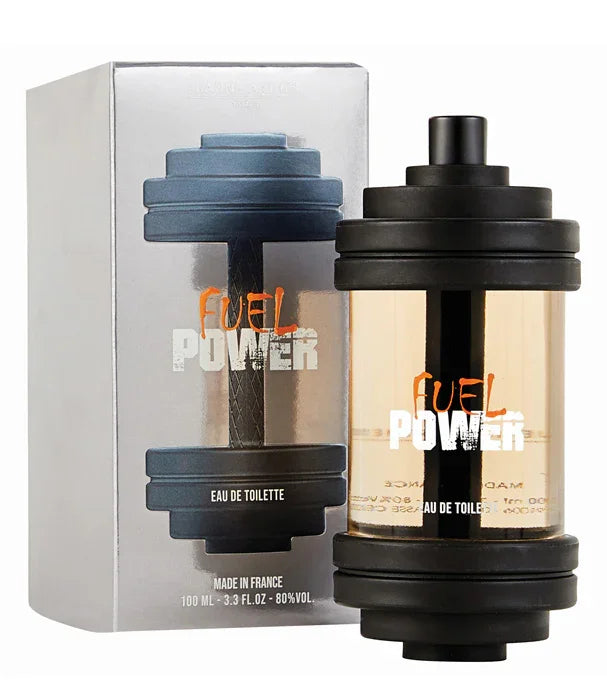 בקבוק בושם Fuel Power בעיצוב ייחודי, מוצג ליד האריזה, קבוצה אלפא CHOZEN