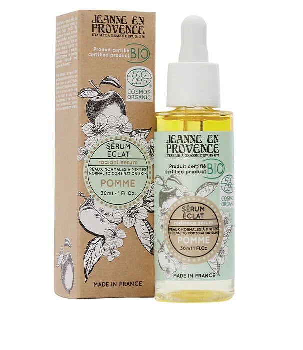 סרום אורגני Jeanne en Provence Pomme לעור רגיל עד מעורב, 30 מ"ל, על רקע קופסה מעוצבת