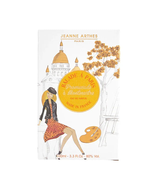 אריזת בושם JEANNE ARTHES בעיצוב פריזאי עם איור אופנתי ונוף מונמרטר, באתר CHOZEN