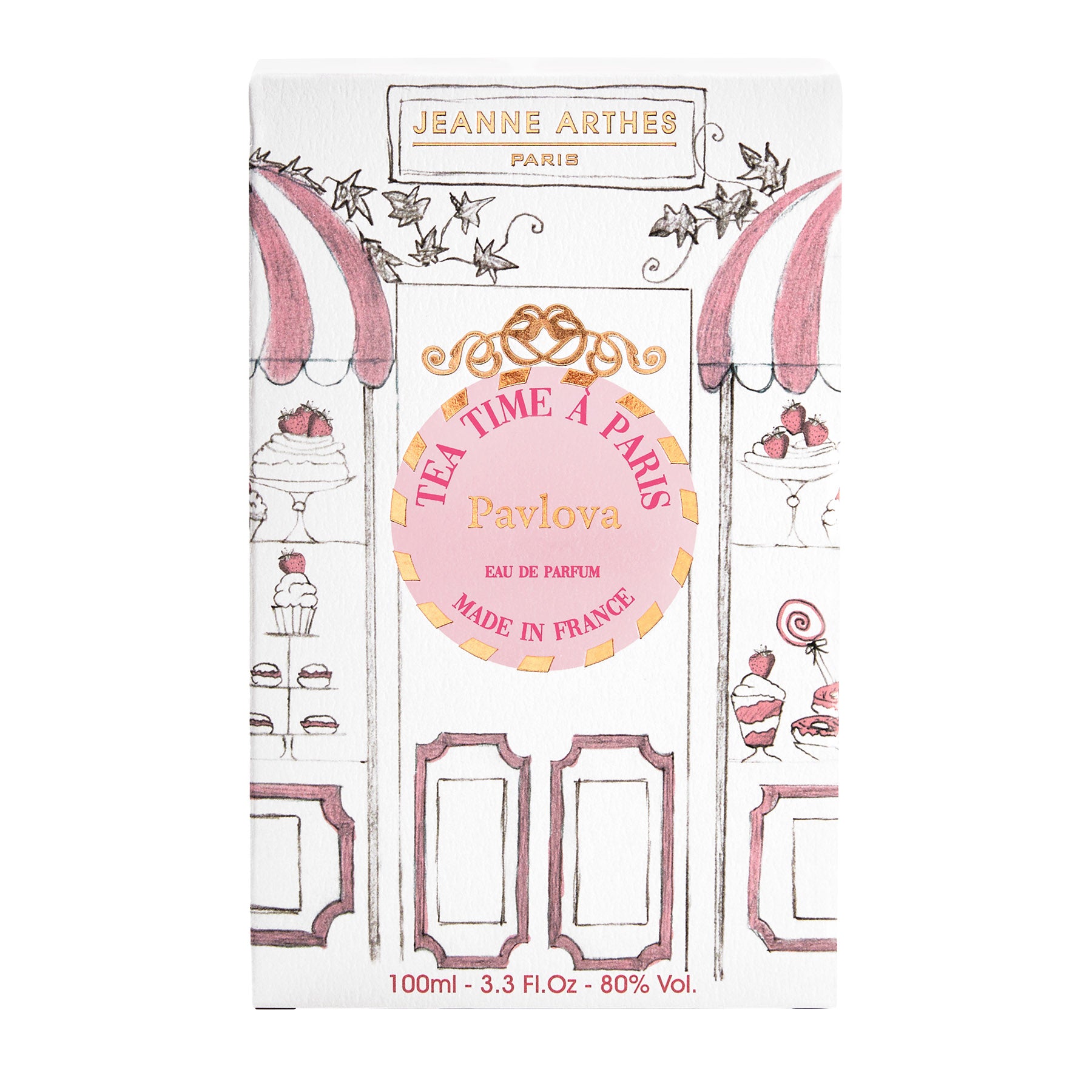 קופסת בושם מעוצבת בסגנון פריזאי, Tea Time à Paris Pavlova, עם ציורי קינוחים ורוד-לבן